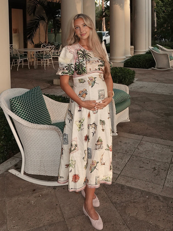Mumsmode Zwangerschaps Maxi Jurk Vakantie Impression Graffiti Trapeze Gedrapeerd Beige