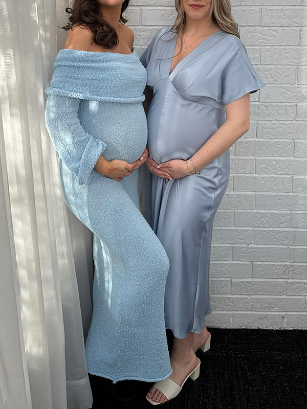 Mumsmode Zwangerschaps Maxi Babyshower Jurk Satijn Gekreukt Lichtblauw