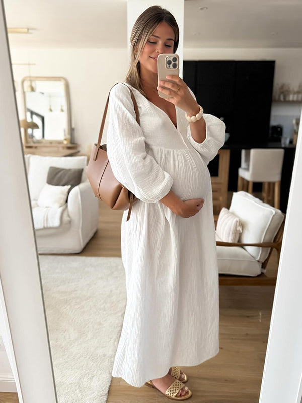 Mumsmode Zwangerschaps Maxi Daily Jurk Trapeze Gedrapeerd Wit