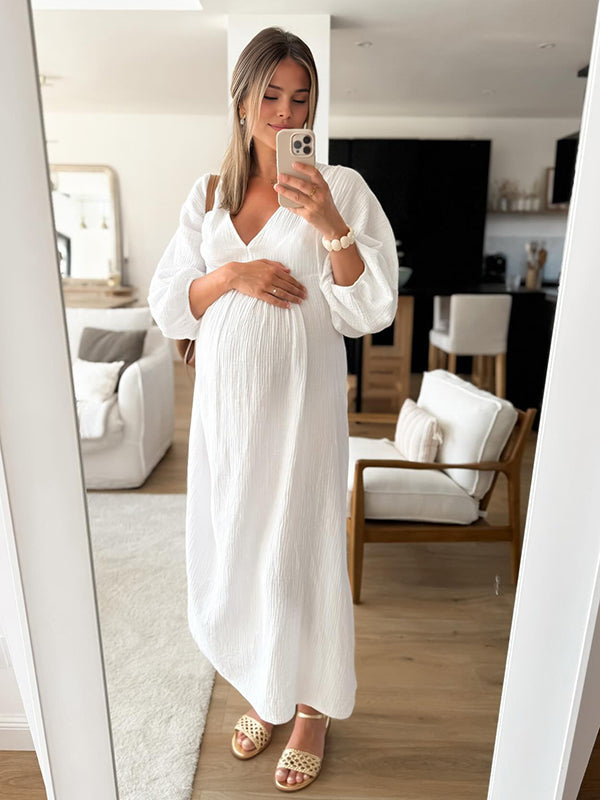 Mumsmode Zwangerschaps Maxi Daily Jurk Trapeze Gedrapeerd Wit