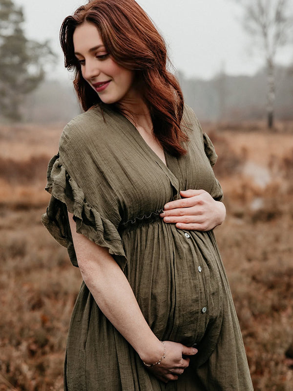 Mumsmode Zwangerchaps Maxi Fotoshoot Jurk Boheems Koord Enkele Borst Legergroen