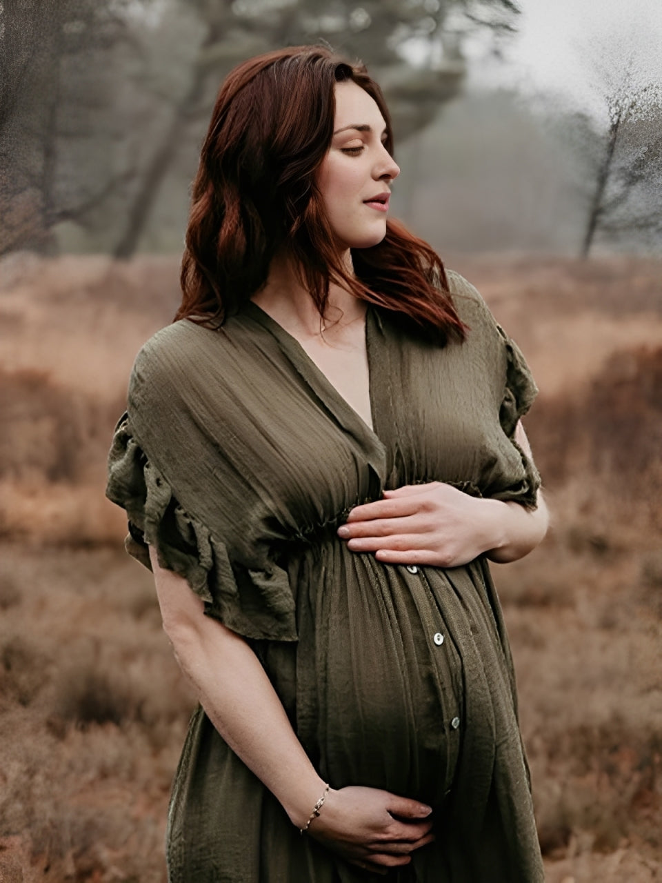 Mumsmode Zwangerchaps Maxi Fotoshoot Jurk Boheems Koord Enkele Borst Legergroen