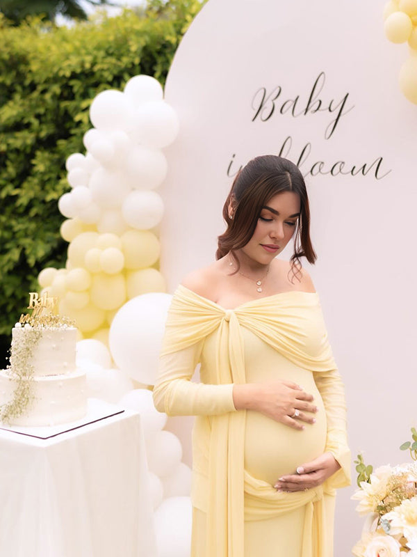 Mumsmode Zwangerchaps Maxijurk Off Shoulder Gekreukt Babyshower Geel