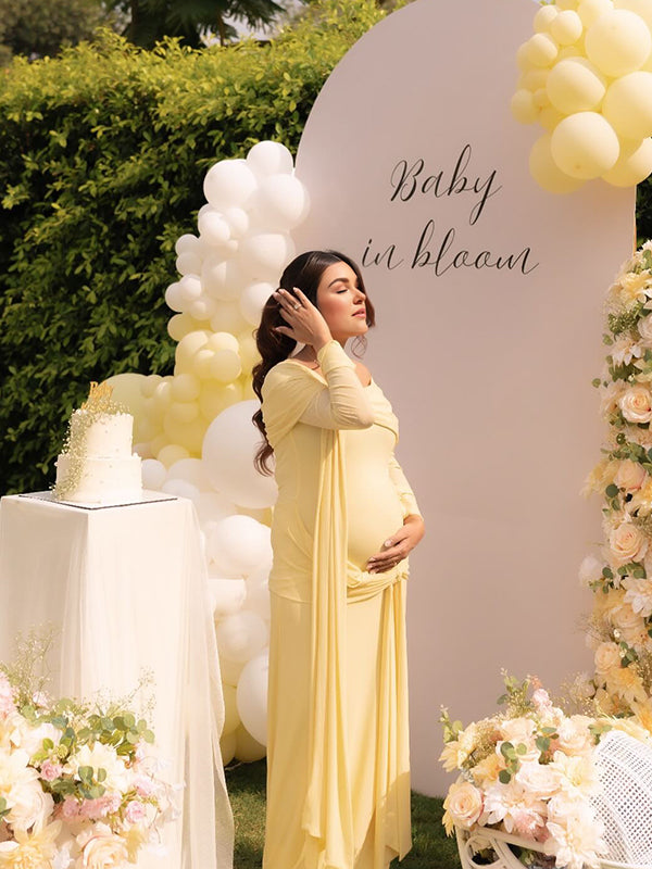 Mumsmode Zwangerchaps Maxijurk Off Shoulder Gekreukt Babyshower Geel