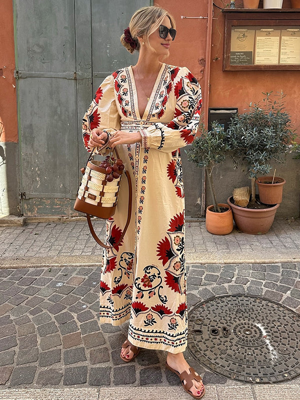 Mumsmode Zwangerschaps Maxi Bloemen Jurk Bloemenprint Enkele Borst Beige