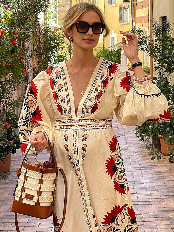 Mumsmode Zwangerschaps Maxi Bloemen Jurk Bloemenprint Enkele Borst Beige