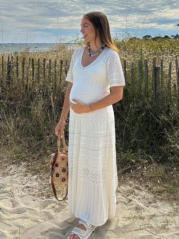 Mumsmode Zwangerschaps Maxi Daily Jurk Vakantie Gebreide Geometrisch Wit