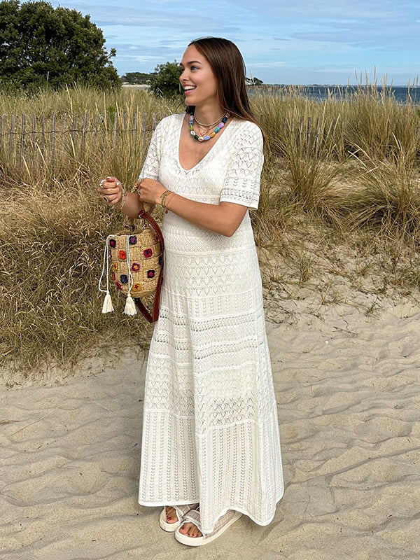 Mumsmode Zwangerschaps Maxi Daily Jurk Vakantie Gebreide Geometrisch Wit
