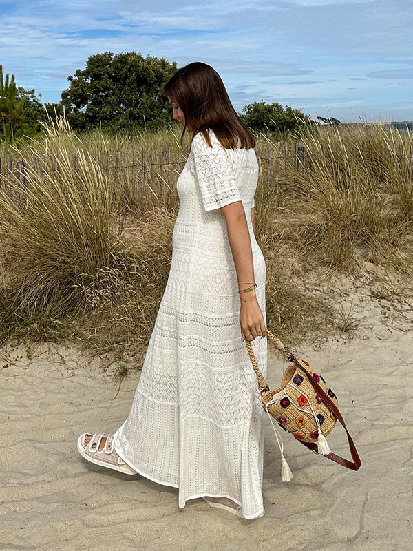 Mumsmode Zwangerschaps Maxi Daily Jurk Vakantie Gebreide Geometrisch Wit