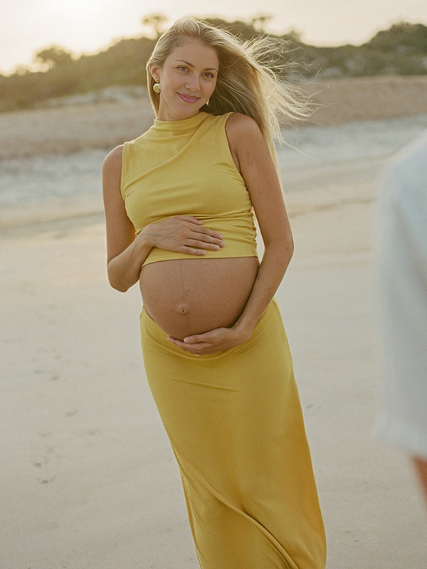 Mumsmode Zwangerschaps Maxi Fotoshoot Jurk Chique 2-in-1 Bodycon Geel