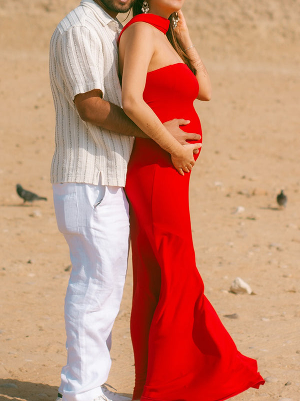Mumsmode Zwangerschaps Maxi Fotoshoot Jurk Chique Zeemeermin Bodycon Rood