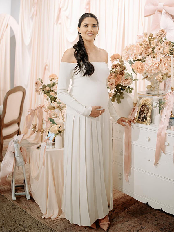 Mumsmode Zwangerschaps Maxi BabyShower Jurk Off Shoulder Geplooid Zijsplit Wit