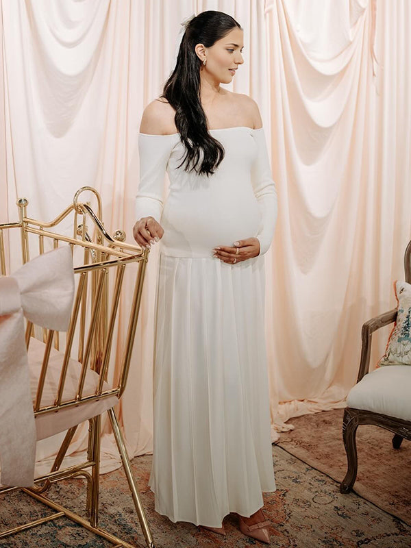 Mumsmode Zwangerschaps Maxi BabyShower Jurk Off Shoulder Geplooid Zijsplit Wit