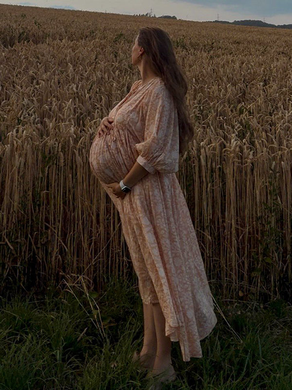 Mumsmode Zwangerschaps Maxi Bloemen Jurk Vakantie Fotoshoot Bloemenprint Gedrapeerd Oranje
