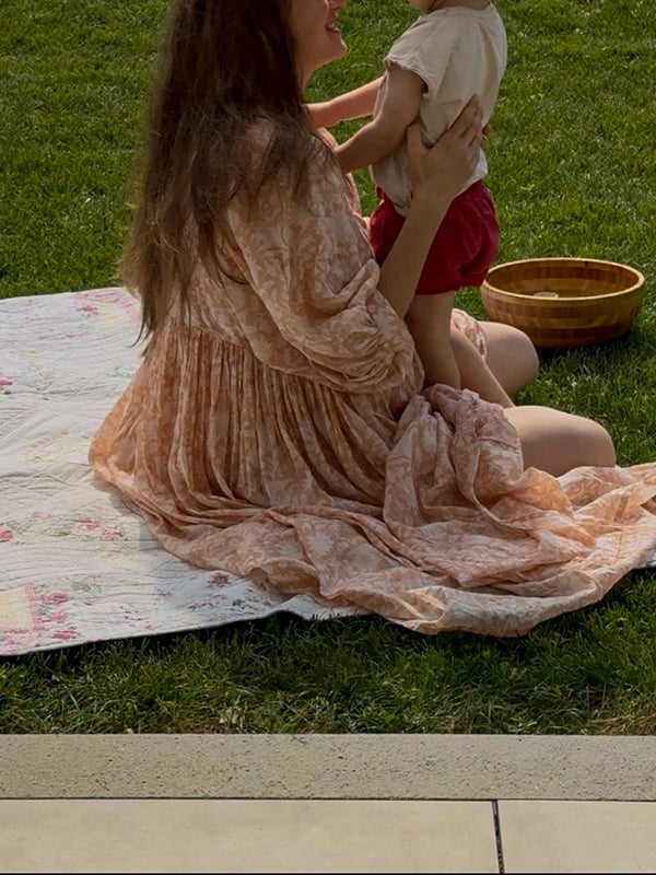 Mumsmode Zwangerschaps Maxi Bloemen Jurk Vakantie Fotoshoot Bloemenprint Gedrapeerd Oranje