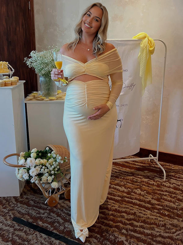 Mumsmode Zwangerschaps Maxi BabyShower Jurk Tule Off Shoulder Uithollen Geel