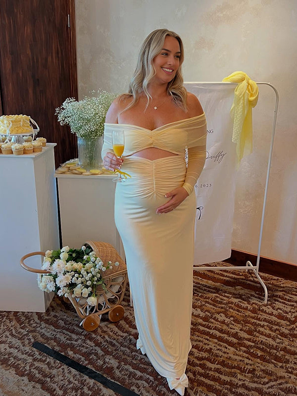 Mumsmode Zwangerschaps Maxi BabyShower Jurk Tule Off Shoulder Uithollen Geel