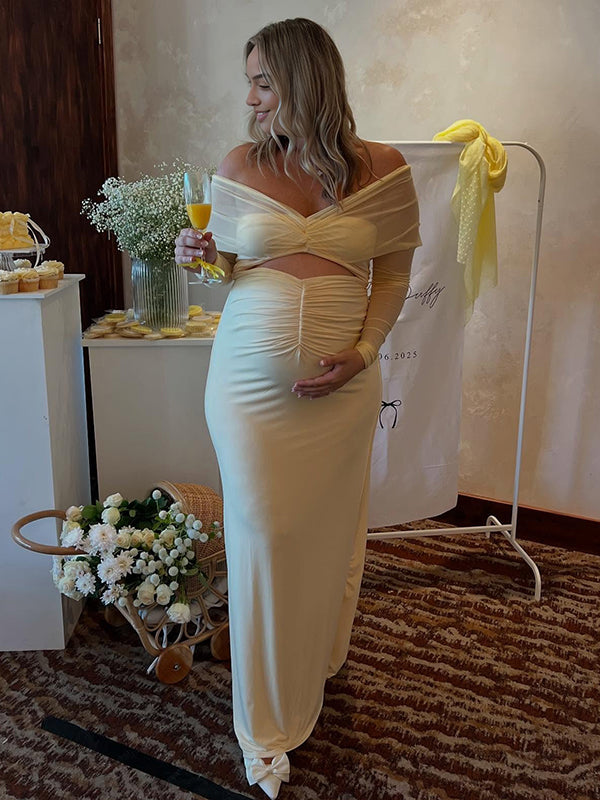 Mumsmode Zwangerschaps Maxi BabyShower Jurk Tule Off Shoulder Uithollen Geel