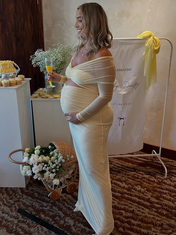 Mumsmode Zwangerschaps Maxi BabyShower Jurk Tule Off Shoulder Uithollen Geel