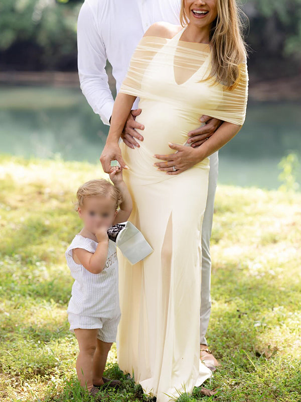 Mumsmode Zwangerschaps Maxi Fotoshoot Jurk Tule Patchwork Zeemeermin Geel