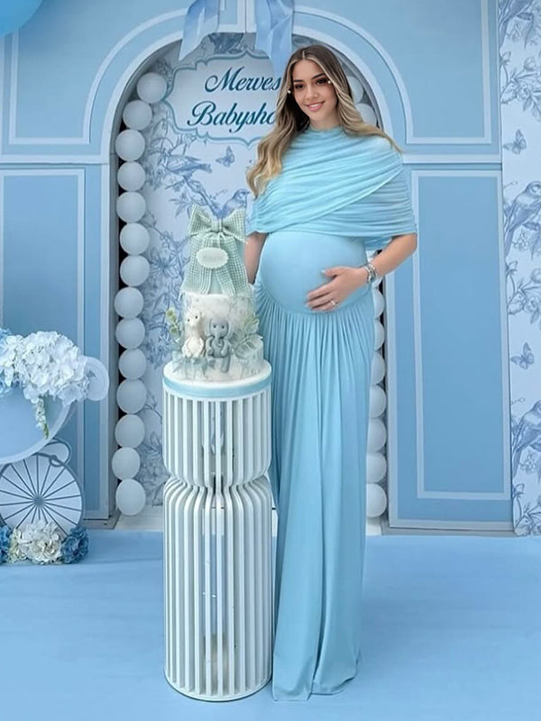Mumsmode Zwangerschaps Maxi BabyShower Jurk Onregelmatig Gekreukt Gedrapeerd Lichtblauw