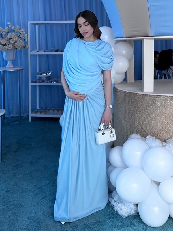 Mumsmode Zwangerschaps Maxi BabyShower Jurk Onregelmatig Gekreukt Gedrapeerd Lichtblauw