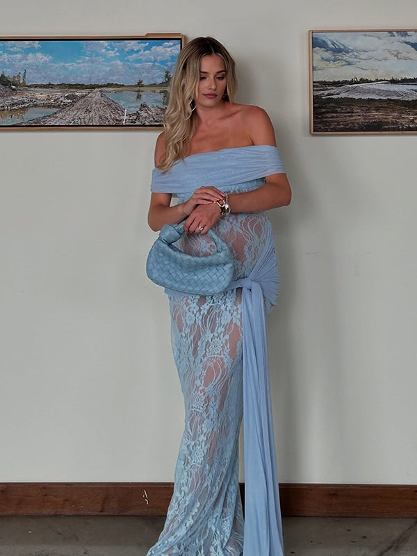 Mumsmode Zwangerschaps Maxi Cocktailjurk Kanten Off Shoulder Gedrapeerd Blauw