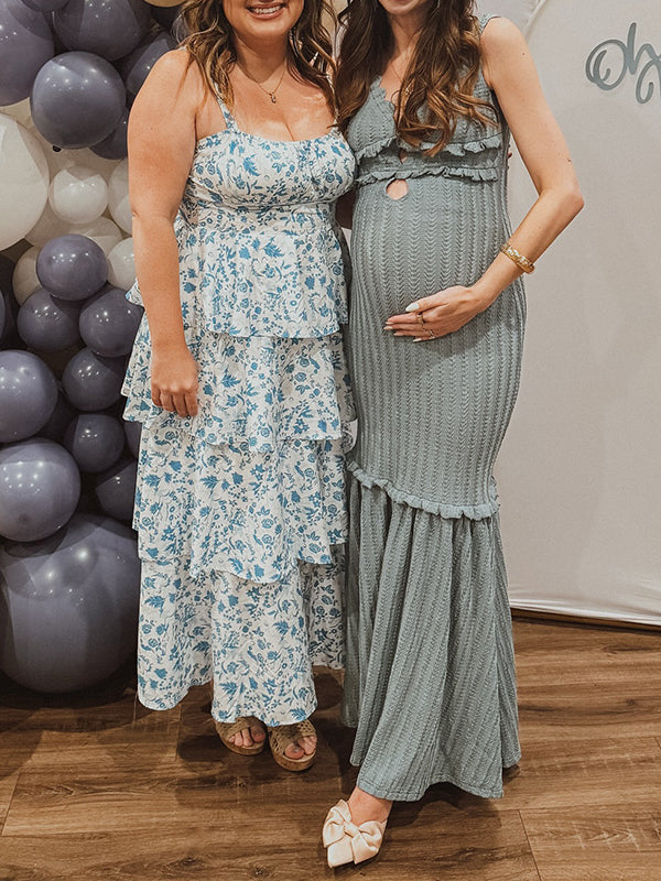 Mumsmode Zwangerschaps Maxi BabyShower Jurk Ruches Bodycon Zeemeermin Blauw