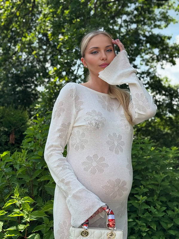 Mumsmode Zwangerschaps Maxi Daily Jurk Chique Bloemenprint Ruches Bodycon Wit