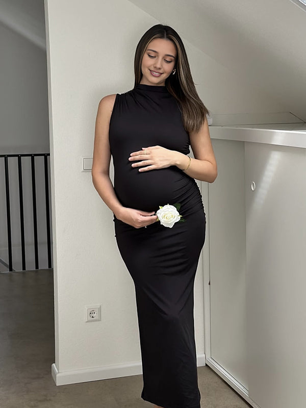 Mumsmode Zwangerchaps Maxijurk Bodycon Zijsplit Elegant Diner Cocktail Zwart