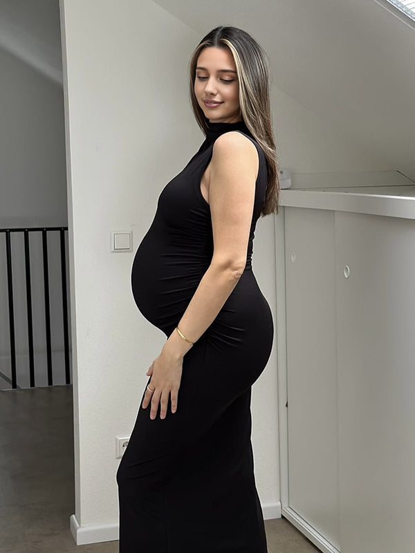 Mumsmode Zwangerchaps Maxijurk Bodycon Zijsplit Elegant Diner Cocktail Zwart