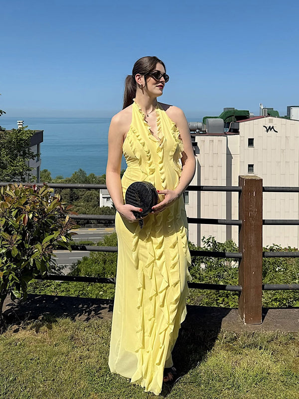 Mumsmode Zwangerchaps Maxijurk Ruches Rugloos Elegant Bal Geel