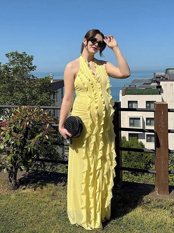 Mumsmode Zwangerchaps Maxijurk Ruches Rugloos Elegant Bal Geel