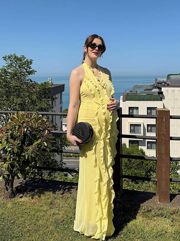 Mumsmode Zwangerchaps Maxijurk Ruches Rugloos Elegant Bal Geel