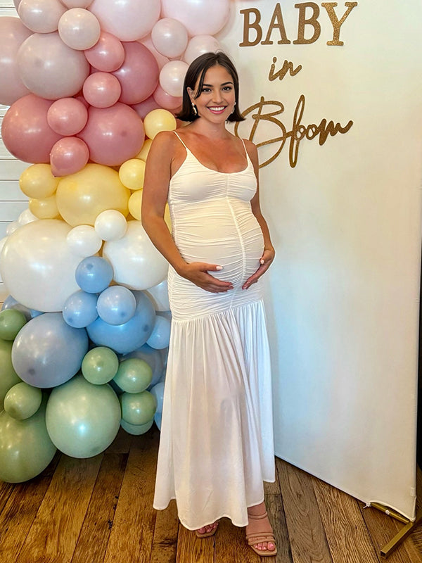 Mumsmode Zwangerschaps Maxi BabyShower Jurk Spaghetti Gekreukt Gedrapeerd Wit