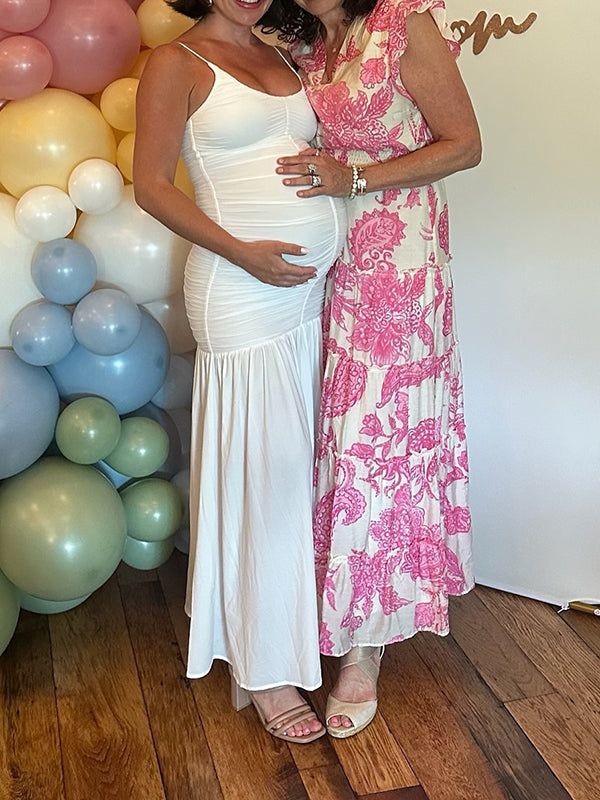 Mumsmode Zwangerschaps Maxi BabyShower Jurk Spaghetti Gekreukt Gedrapeerd Wit