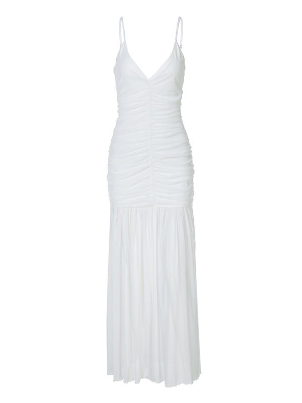 Mumsmode Zwangerschaps Maxi BabyShower Jurk Spaghetti Gekreukt Gedrapeerd Wit