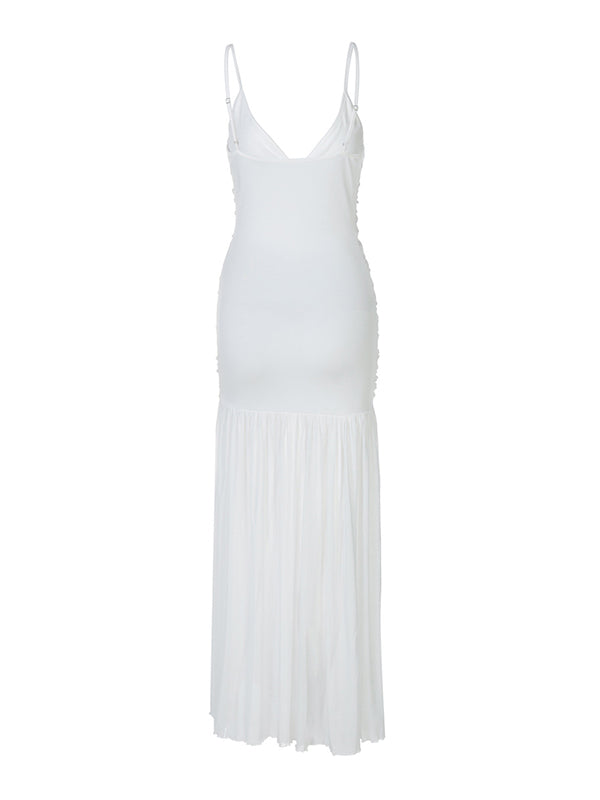 Mumsmode Zwangerschaps Maxi BabyShower Jurk Spaghetti Gekreukt Gedrapeerd Wit