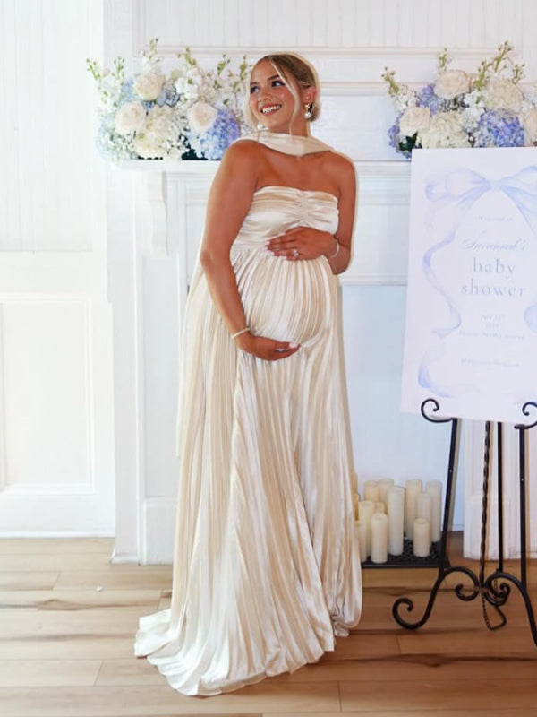 Mumsmode Zwangerschaps Maxi BabyShower Jurk Chique Geplooid Lintje Wit