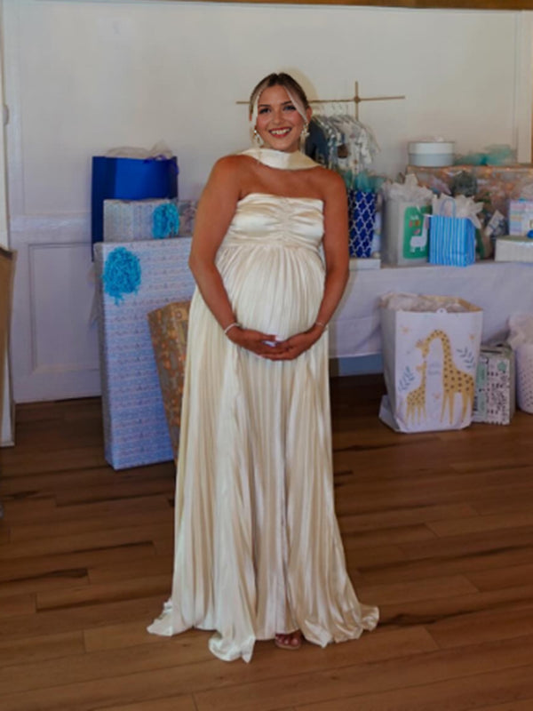 Mumsmode Zwangerschaps Maxi BabyShower Jurk Chique Geplooid Lintje Wit