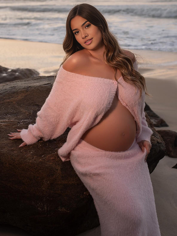 Mumsmode Zwangerschaps Maxi Fotoshoot Jurk Elegant 2-in-1 Enkele Borst Harig Roze