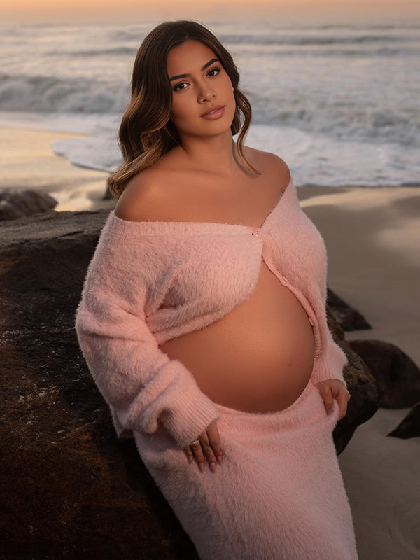 Mumsmode Zwangerschaps Maxi Fotoshoot Jurk Elegant 2-in-1 Enkele Borst Harig Roze