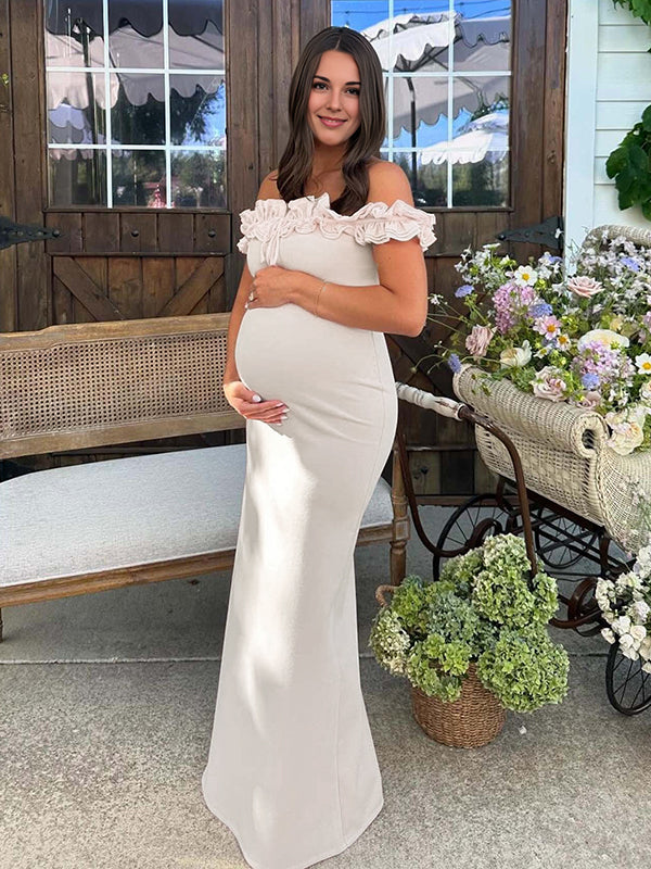 Mumsmode Zwangerschaps Maxi BabyShower Jurk Chique Ruches Off Shoulder Wit