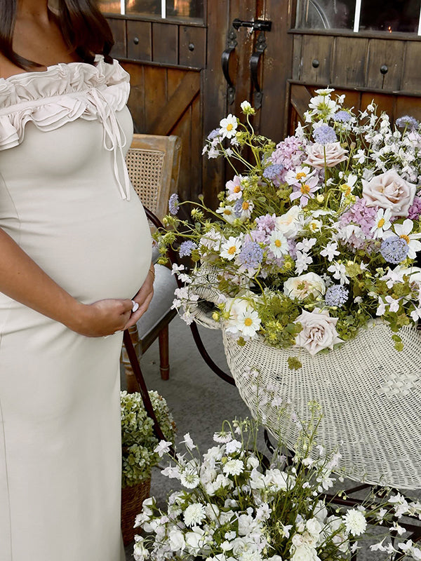 Mumsmode Zwangerschaps Maxi BabyShower Jurk Chique Ruches Off Shoulder Wit