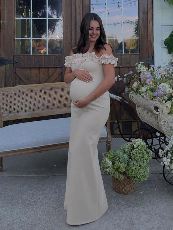 Mumsmode Zwangerschaps Maxi BabyShower Jurk Chique Ruches Off Shoulder Wit
