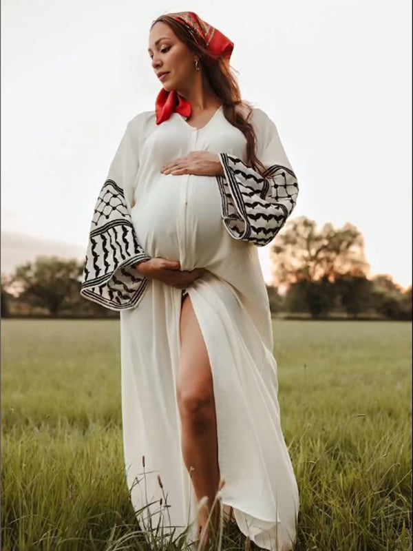 Mumsmode Zwangerschaps Maxi Fotoshoot Jurk Geometrisch Zijsplit Gedrapeerd Wit