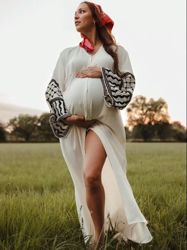 Mumsmode Zwangerschaps Maxi Fotoshoot Jurk Geometrisch Zijsplit Gedrapeerd Wit