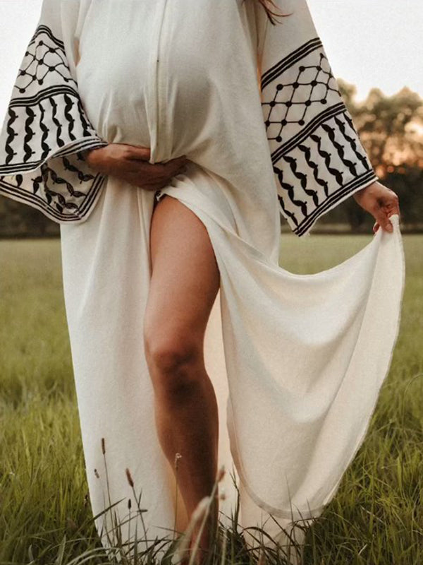 Mumsmode Zwangerschaps Maxi Fotoshoot Jurk Geometrisch Zijsplit Gedrapeerd Wit
