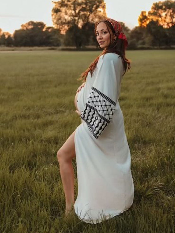 Mumsmode Zwangerschaps Maxi Fotoshoot Jurk Geometrisch Zijsplit Gedrapeerd Wit