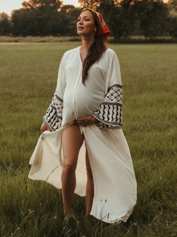 Mumsmode Zwangerschaps Maxi Fotoshoot Jurk Geometrisch Zijsplit Gedrapeerd Wit
